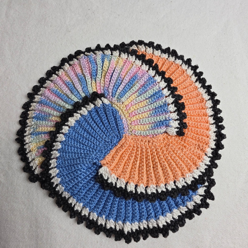 Vintage Style Handmade Crochet Spiral Potholder Blue Orange Multi Hot Pad Trivet